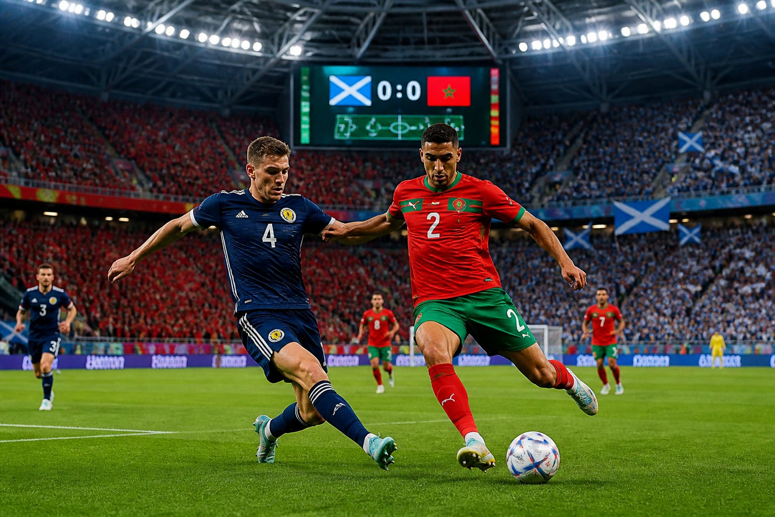 İskoçya ve Fas futbol takımları arasında bir Dünya Kupası maçında oyuncular top için mücadele ediyor, stadyum dolu ve taraftarlar tezahürat yapıyor.