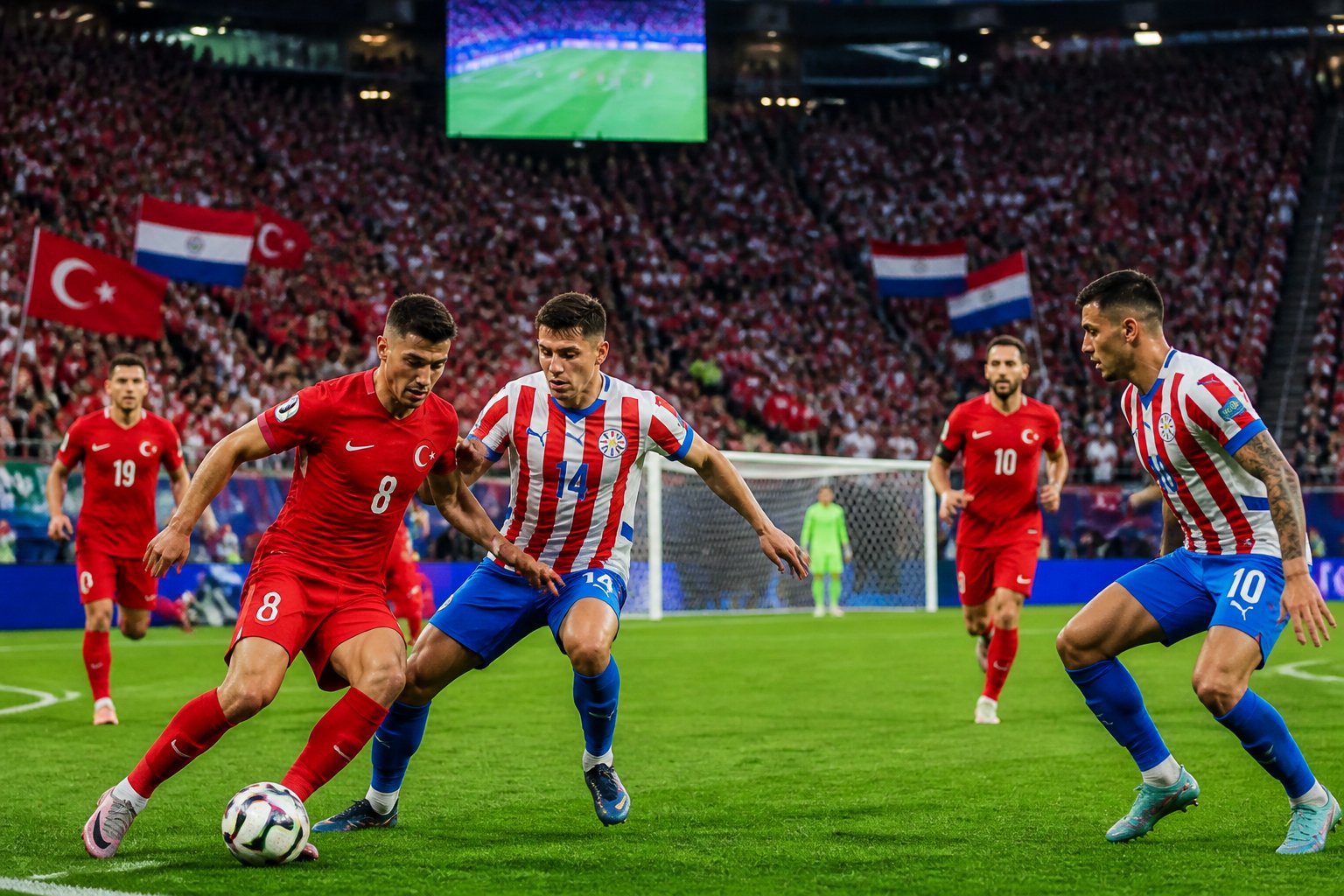 Türkiye ve Paraguay milli takımları arasında Dünya Kupası maçında saha içinde mücadele eden futbolcular ve tribünde bayraklarla tezahürat yapan taraftarlar.
