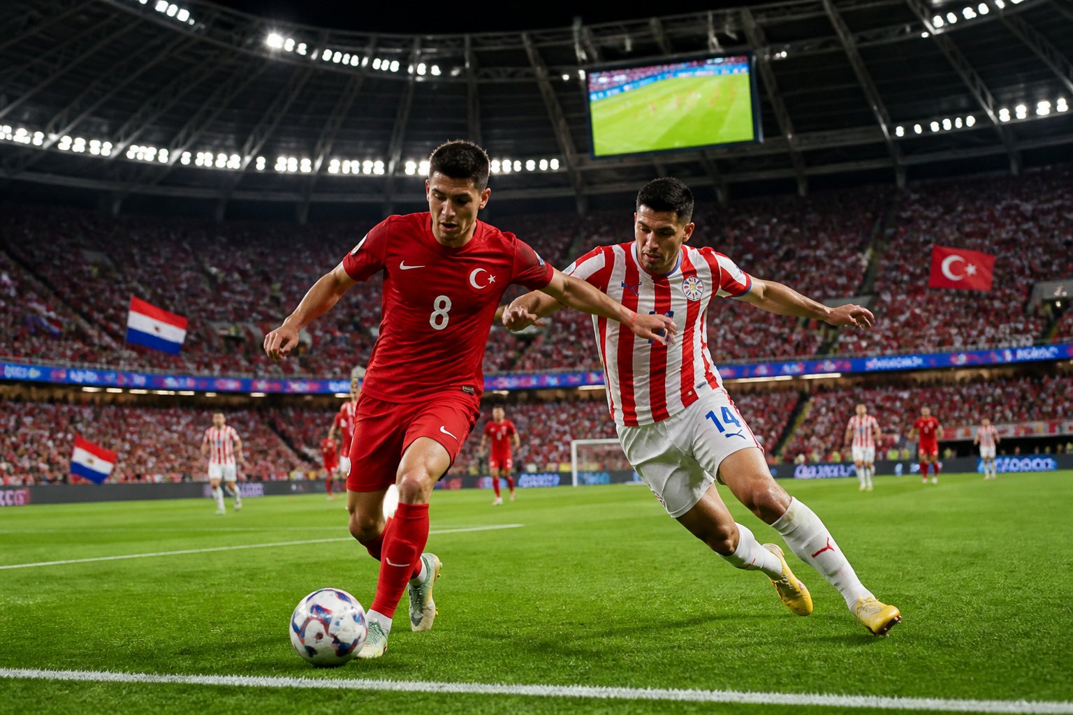 Türkiye ve Paraguay milli takımları arasında 2026 FIFA Dünya Kupası grup maçında, dolu bir stadyumda futbolcular top için mücadele ediyor.