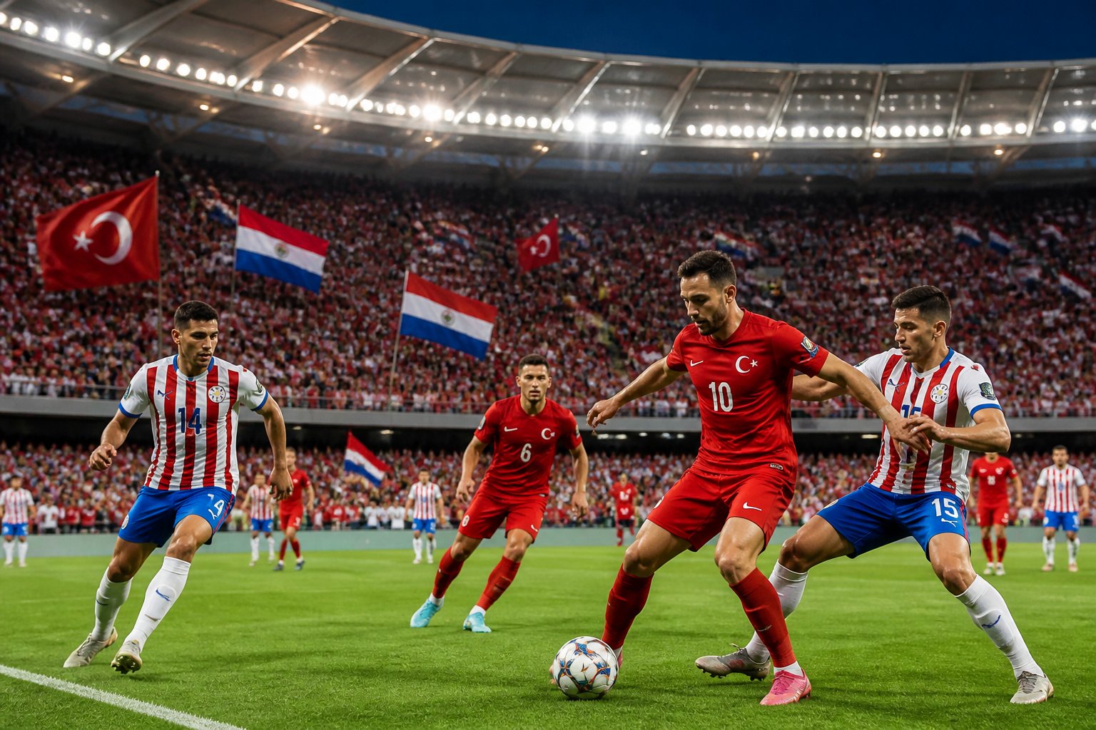 Türkiye ve Paraguay arasında Dünya Kupası maçında oyuncular sahada mücadele ediyor, tribünlerde taraftarlar bayraklarla destek veriyor.