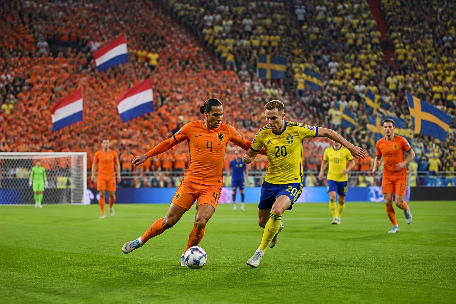 Hollanda ve İsveç takımlarının maçında, taraftarların coşkuyla tezahürat yaptığı ve oyuncuların sahada mücadele ettiği bir futbol stadyumu görüntüsü.