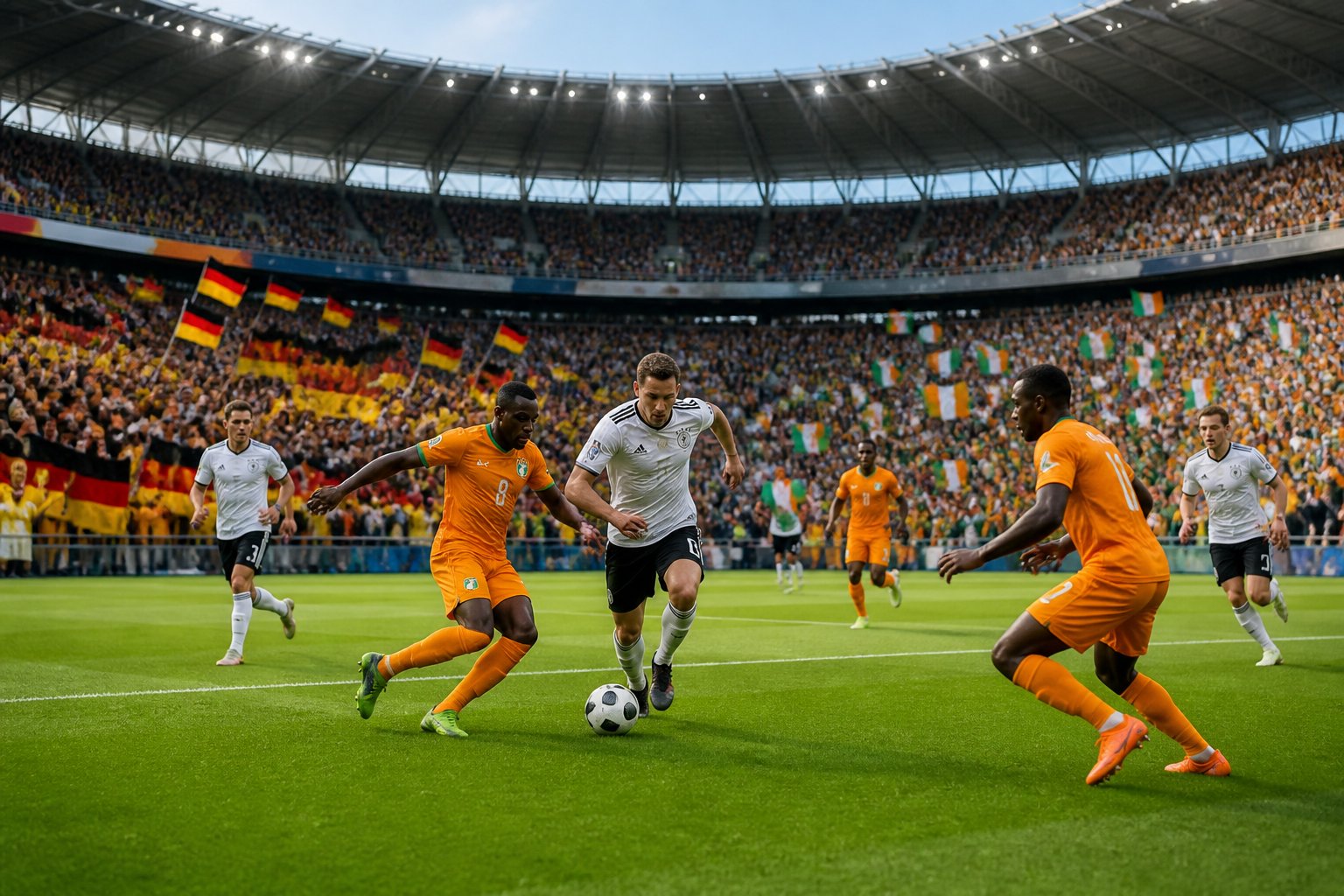 Almanya ve Fildişi Sahili takımlarının maç yaptığı, kalabalık bir stadyumda futbol oynanan bir sahne.