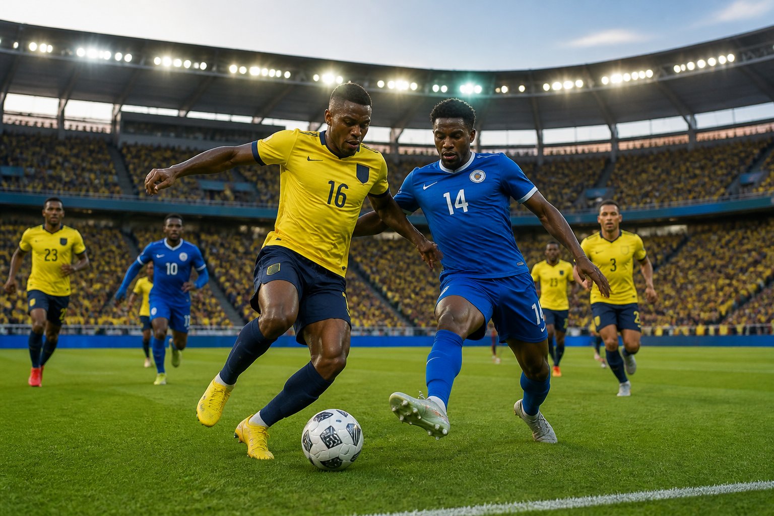 Ekvador ve Curaçao takımları arasında bir Dünya Kupası futbol maçı sırasında oyuncular top için mücadele ediyor.