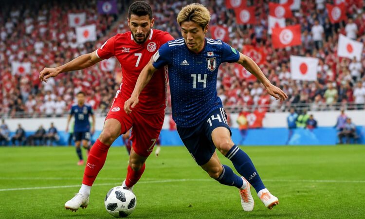 Tunus ve Japonya takımları arasında Dünya Kupası maçında futbolcular top için mücadele ediyor.