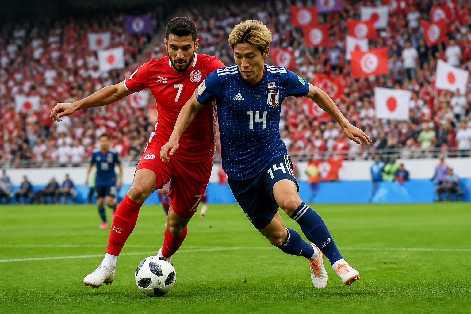 Tunus ve Japonya takımları arasında Dünya Kupası maçında futbolcular top için mücadele ediyor.