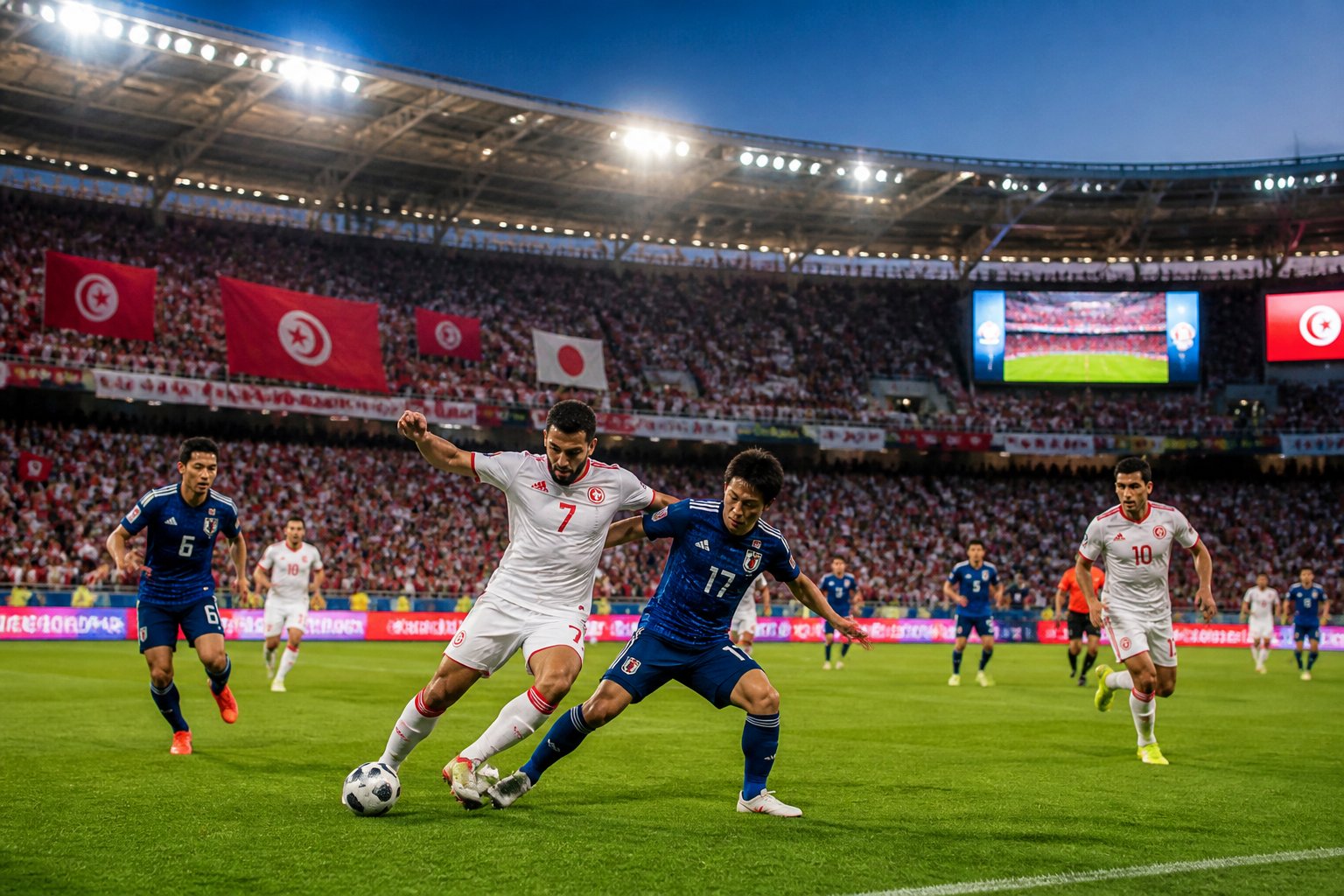 Tunus ve Japonya futbol takımları arasında geçen Dünya Kupası maçında oyuncular sahada mücadele ediyor, tribünde taraftarlar bayraklar sallıyor.