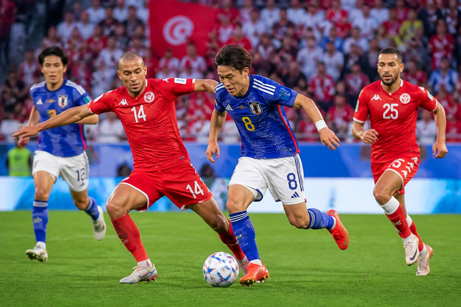 Tunus ve Japonya takımlarının futbol sahasında maç yaptığı, oyuncuların top için mücadele ettiği bir sahne.