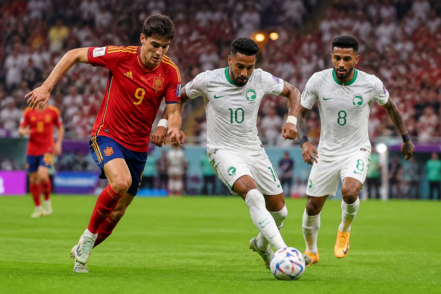 İspanya ve Suudi Arabistan milli takımları arasında Dünya Kupası maçında futbolcular sahada mücadele ediyor.