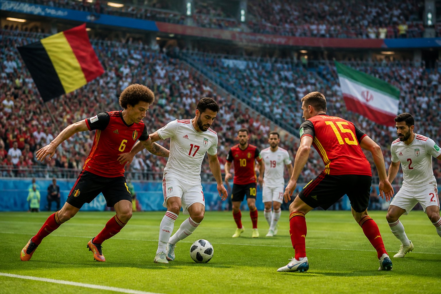 Belçika ve İran milli takımları arasında bir futbol maçında, kalabalık bir stadyumda oyuncular top için mücadele ediyor.