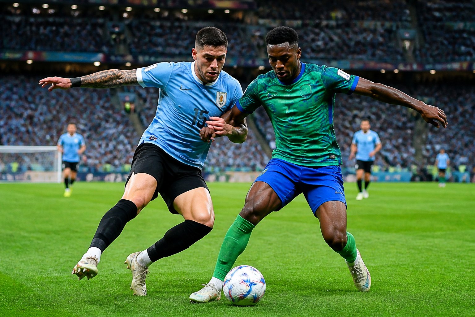 Uruguay ve Yeşil Burun Adaları arasında Dünya Kupası maçında topa mücadele eden iki futbolcu.