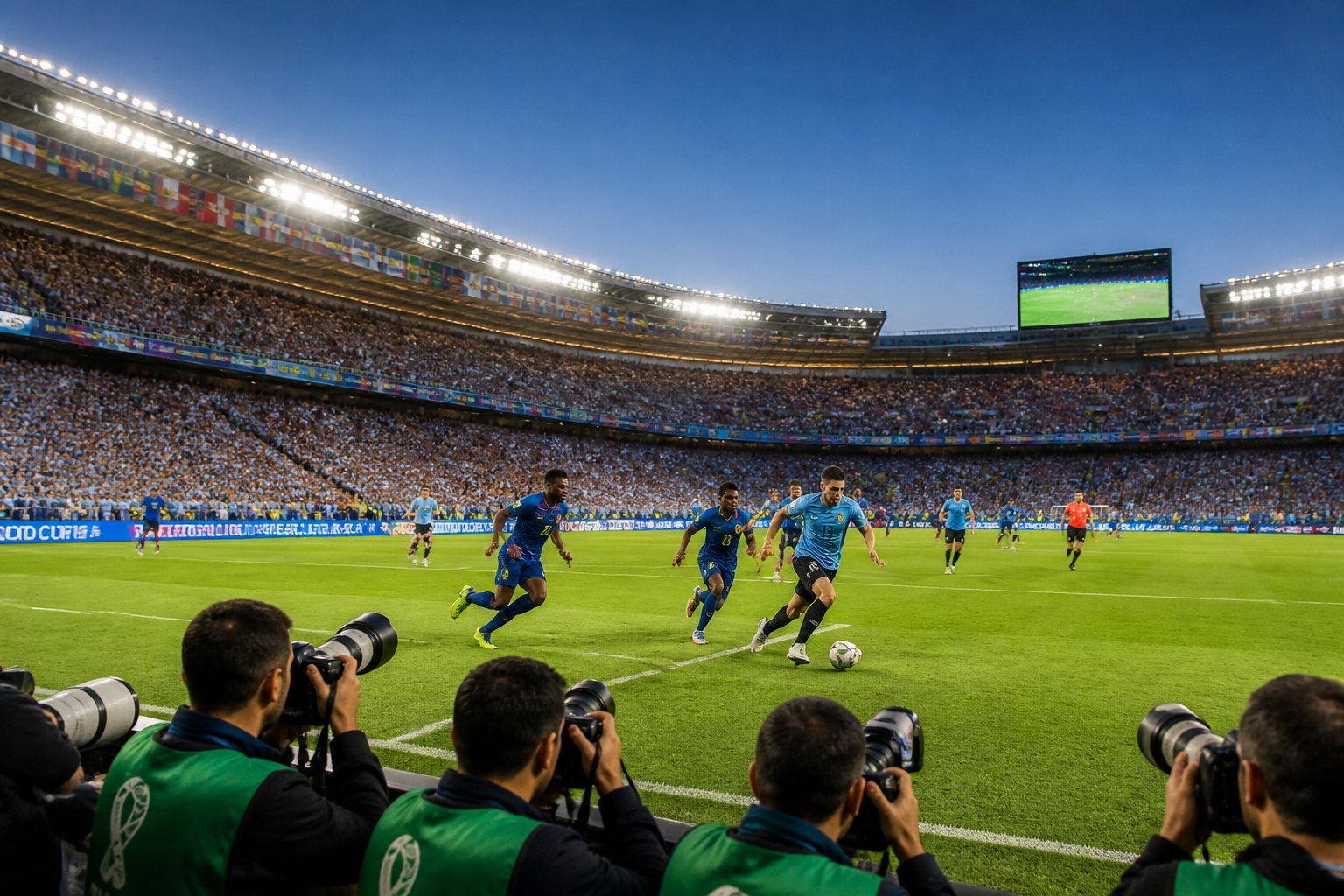 Uruguay ve Yeşil Burun Adaları arasında Dünya Kupası maçında, kalabalık bir stadyumda futbolcular sahada mücadele ediyor.