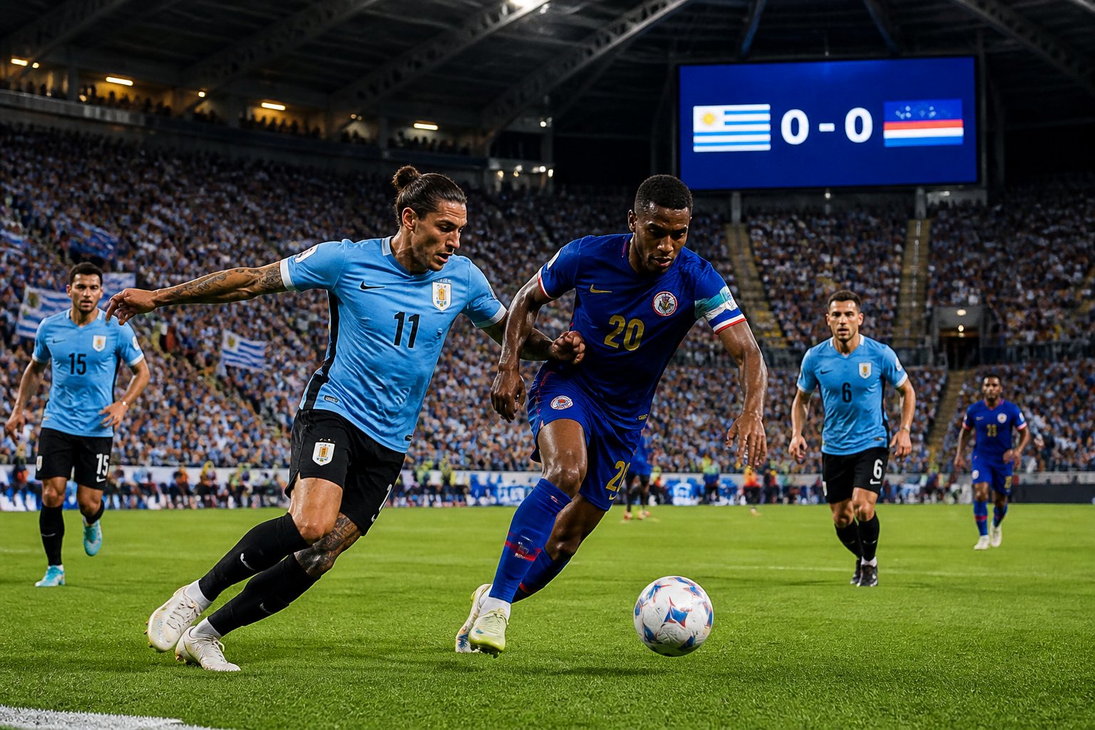 Uruguay ve Yeşil Burun Adaları arasında bir Dünya Kupası futbol maçı sırasında sahada mücadele eden oyuncular ve tribünde tezahürat yapan taraftarlar.