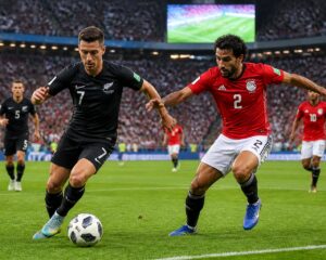 Yeni Zelanda ve Mısır takımlarının futbol maçında mücadele ettiği, kalabalık bir stadyumda oyuncuların top için yarıştığı bir sahne.
