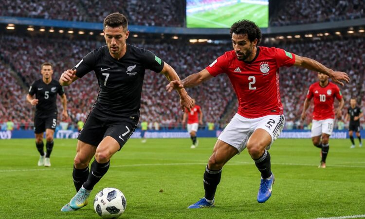 Yeni Zelanda ve Mısır takımlarının futbol maçında mücadele ettiği, kalabalık bir stadyumda oyuncuların top için yarıştığı bir sahne.