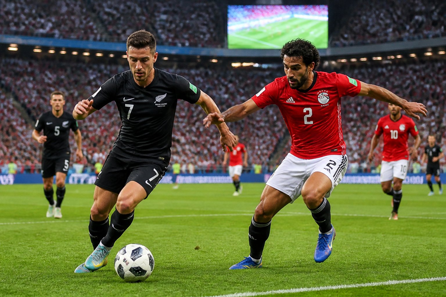 Yeni Zelanda ve Mısır takımlarının futbol maçında mücadele ettiği, kalabalık bir stadyumda oyuncuların top için yarıştığı bir sahne.