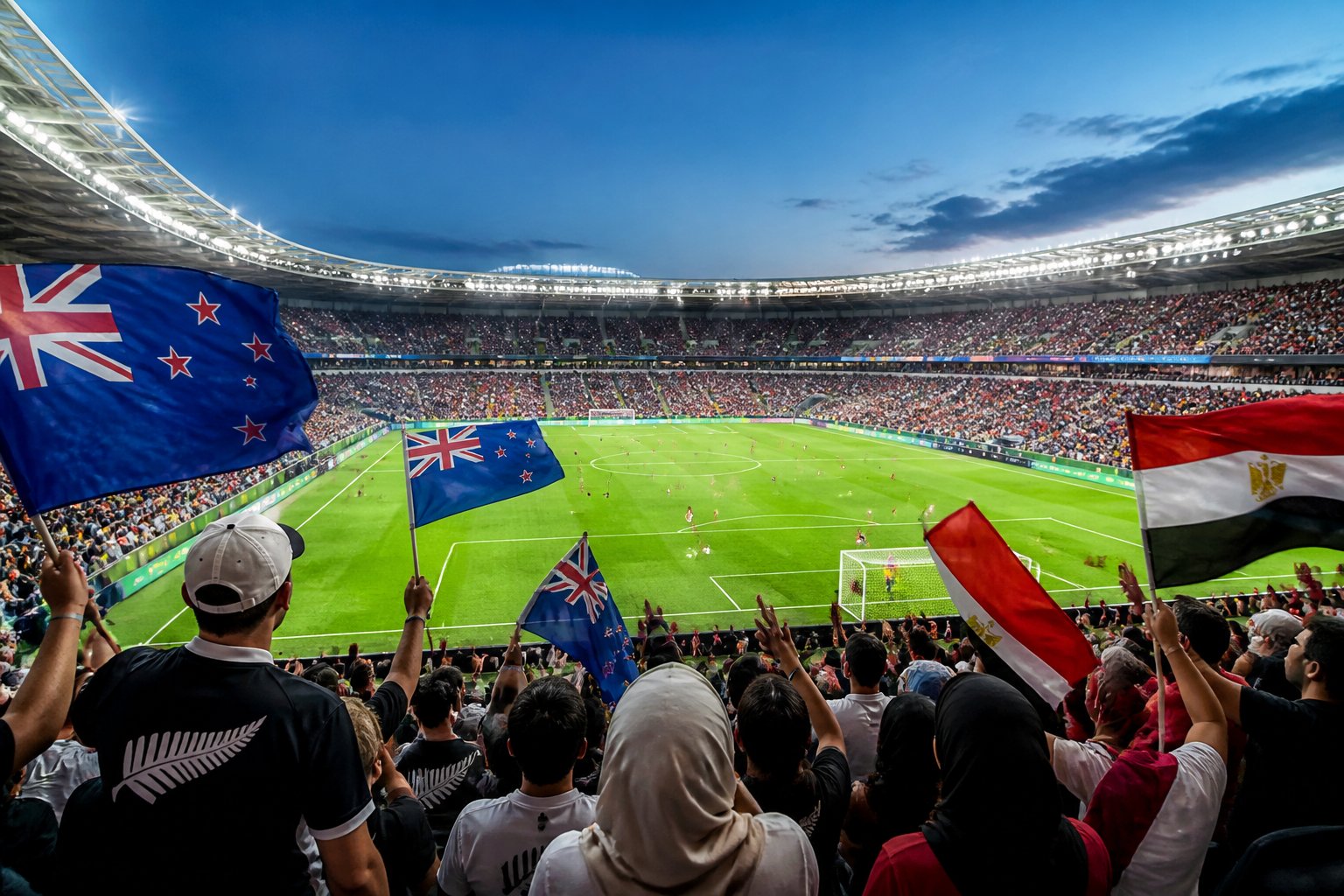 Yeni Zelanda ve Mısır arasında Dünya Kupası maçında hareketli bir futbol sahası ve coşkulu taraftarlar.