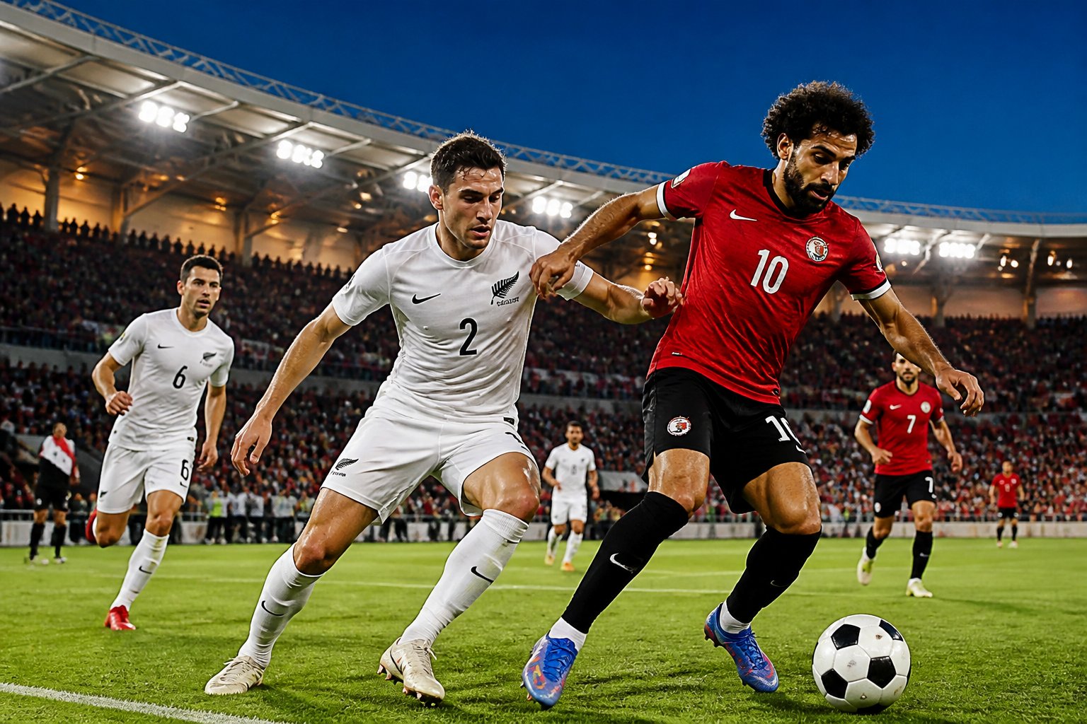 Yeni Zelanda ve Mısır takımları arasında bir futbol maçında, oyuncular sahada top için mücadele ediyor, stadyumda taraftarlar coşkuyla maçı izliyor.
