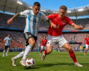 Arjantin ve Avusturya milli takımları arasında bir futbol maçında, oyuncular top için mücadele ediyor.