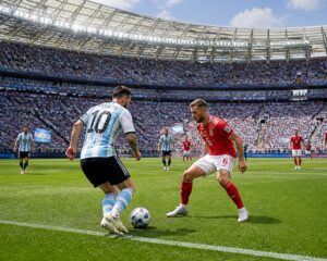 Arjantin ve Avusturya arasında bir Dünya Kupası maçında dolu bir stadyumda futbolcular sahada mücadele ediyor.