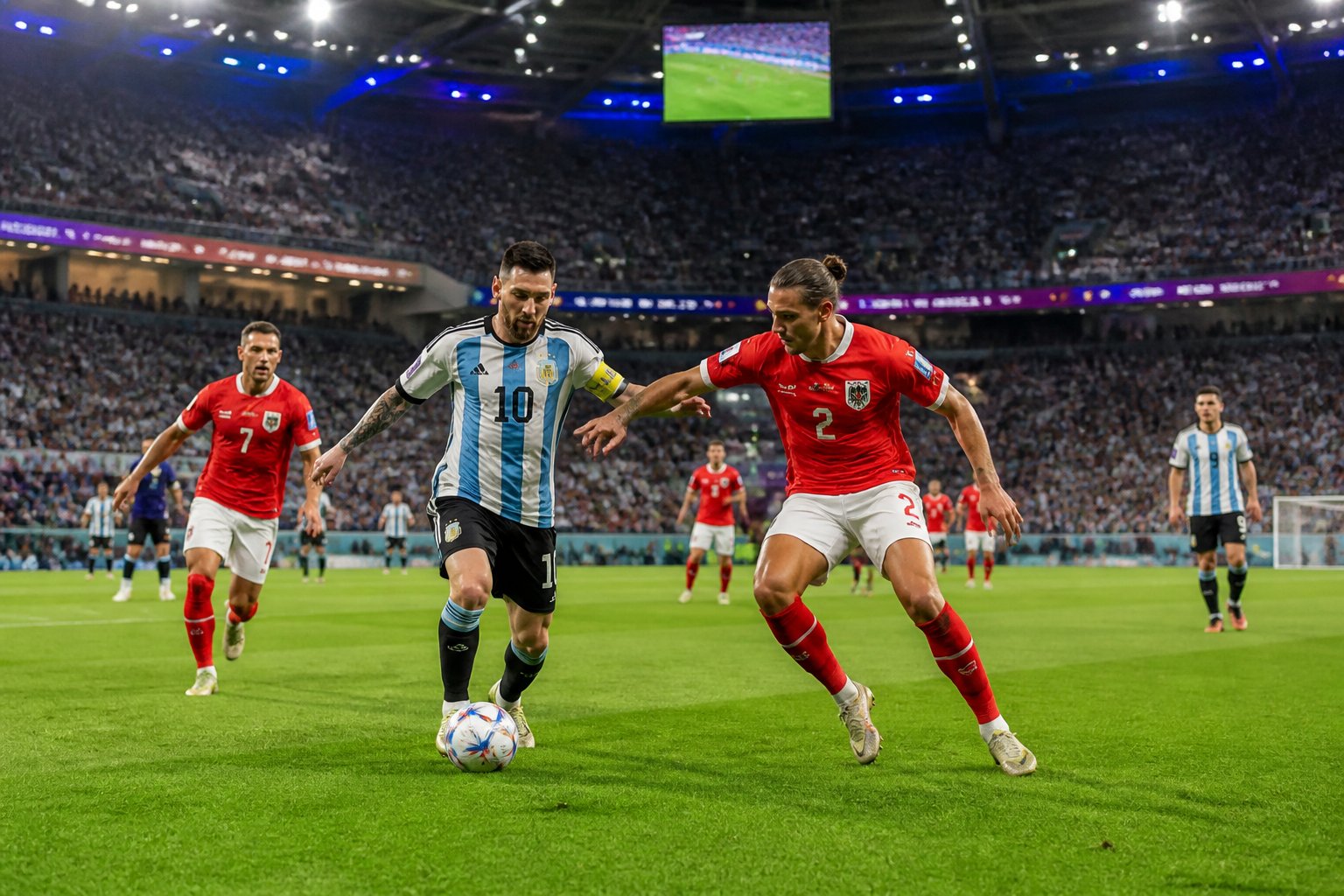 Arjantin ve Avusturya takımlarının Dünya Kupası maçında futbol oynadığı kalabalık bir stadyum sahnesi.