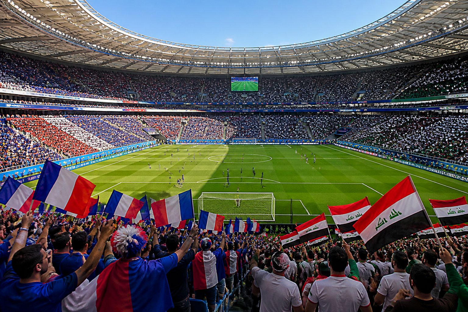 Fransa ile Irak arasında Dünya Kupası maçının oynandığı kalabalık ve aydınlık bir futbol stadyumu.