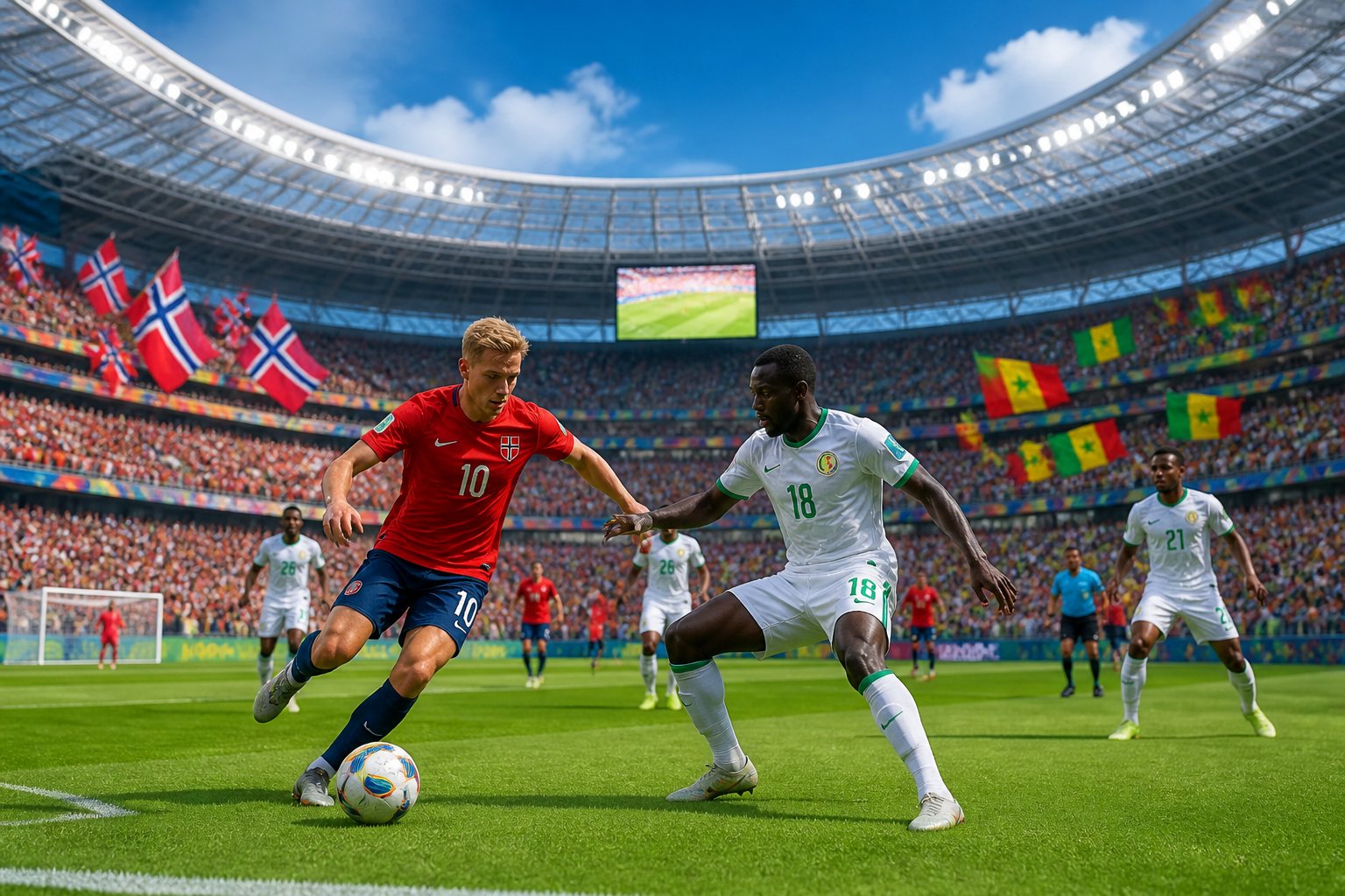 Norveç ve Senegal arasında bir Dünya Kupası futbol maçında, dolu bir stadyumda oyuncular sahada mücadele ediyor.