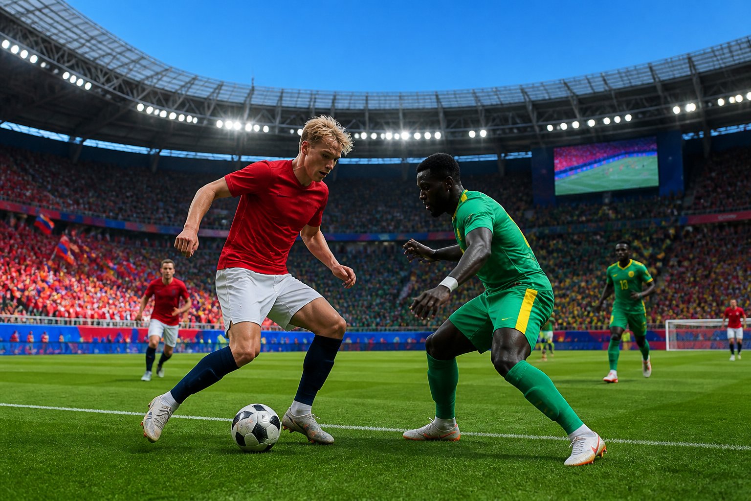 Norveç ve Senegal futbol takımlarının Dünya Kupası maçında sahada mücadele ettiği, kalabalık bir stadyumda geçen heyecanlı bir an.