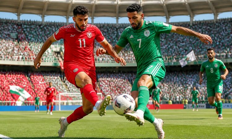 Ürdün ve Cezayir milli takımları arasında bir futbol maçında, iki oyuncu top için mücadele ediyor, büyük bir stadyumda taraftarlar tribünde yer alıyor.