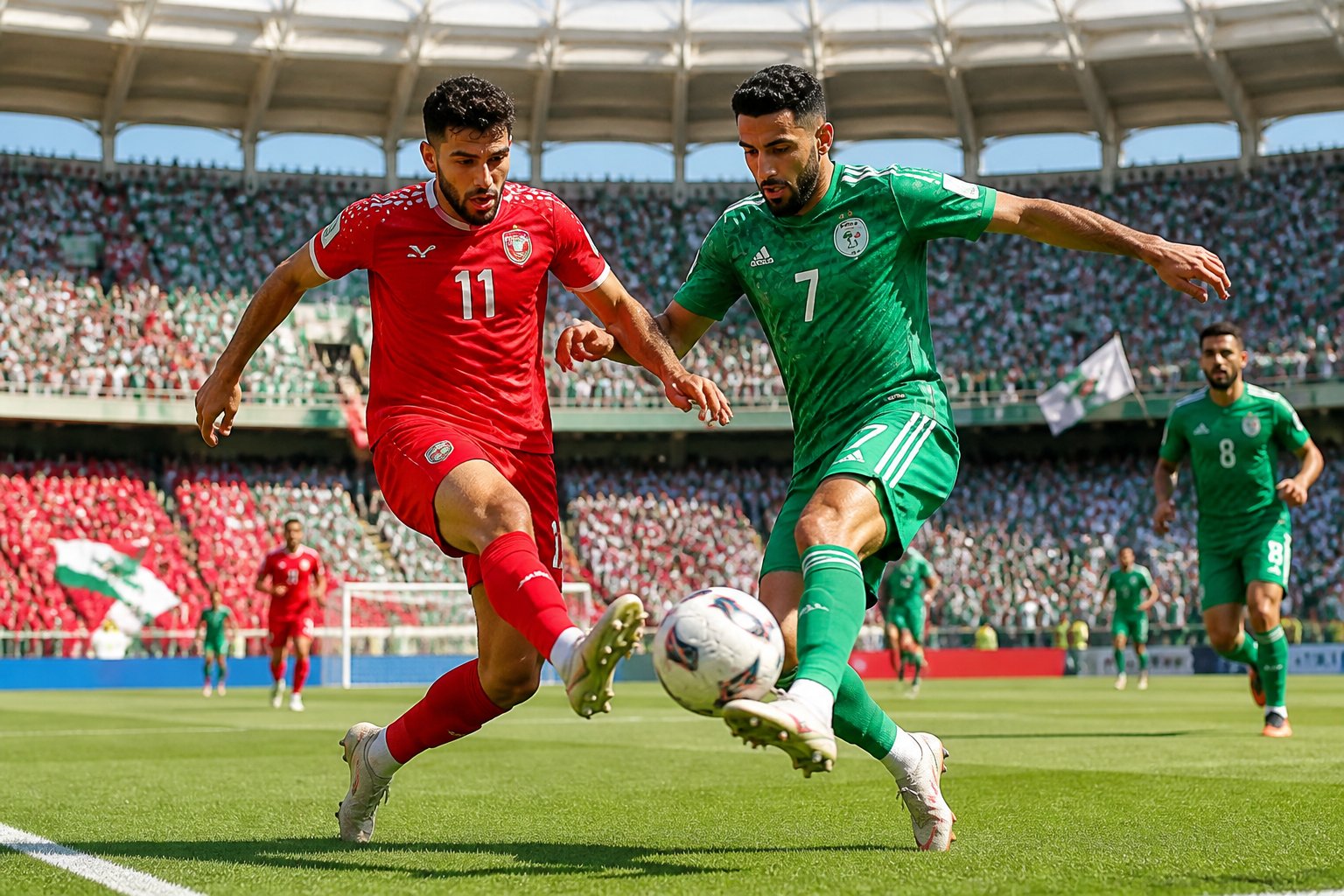 Ürdün ve Cezayir milli takımları arasında bir futbol maçında, iki oyuncu top için mücadele ediyor, büyük bir stadyumda taraftarlar tribünde yer alıyor.