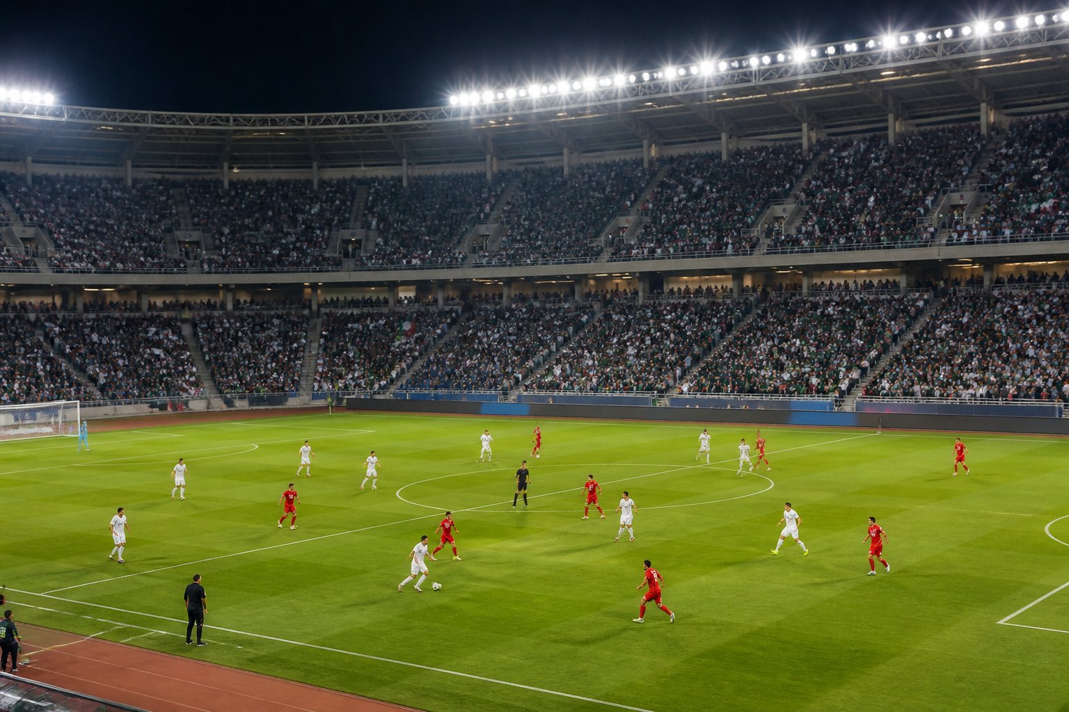 Ürdün ve Cezayir futbol takımlarının maç yaptığı, dolu bir stadyumda akşam futbol karşılaşması.