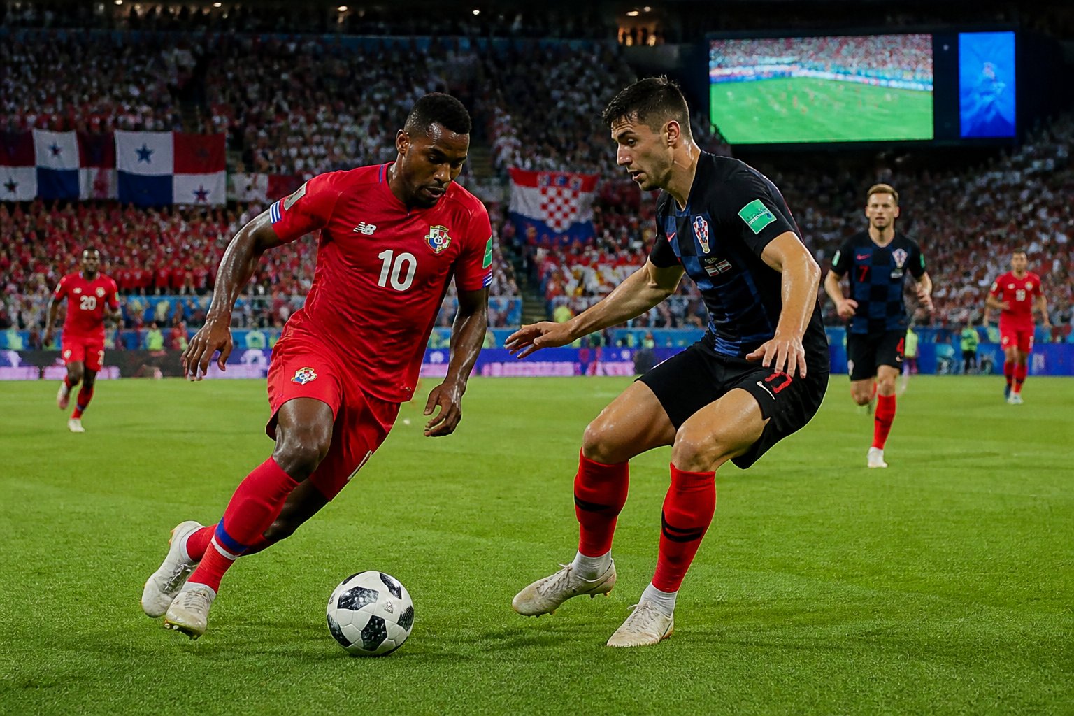 Panama ve Hırvatistan takımlarının Dünya Kupası maçında sahada mücadele eden futbolcular ve tribünde coşkulu taraftarlar.