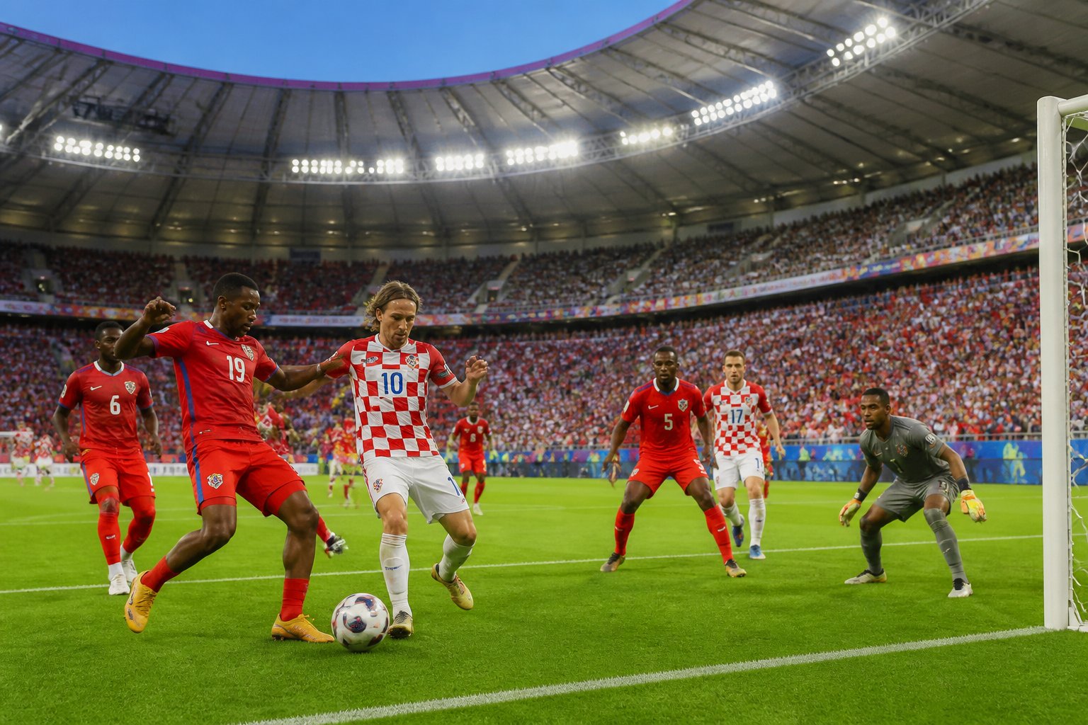 Panama ve Hırvatistan takımları arasında bir Dünya Kupası futbol maçı sırasında oyuncular sahada mücadele ediyor.