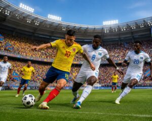 Kolombiya ve Demokratik Kongo Cumhuriyeti milli takımları arasında bir Dünya Kupası futbol maçı oynanıyor, oyuncular sahada mücadele ediyor ve tribünler dolu.
