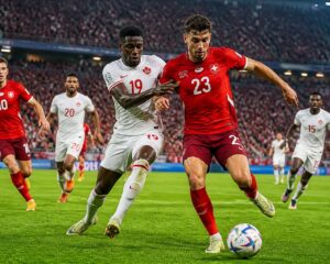 İsviçre ve Kanada takımları arasında bir Dünya Kupası futbol maçı sırasında oyuncular top için mücadele ediyor.