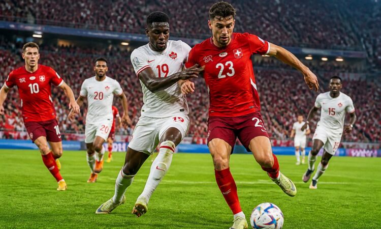 İsviçre ve Kanada takımları arasında bir Dünya Kupası futbol maçı sırasında oyuncular top için mücadele ediyor.