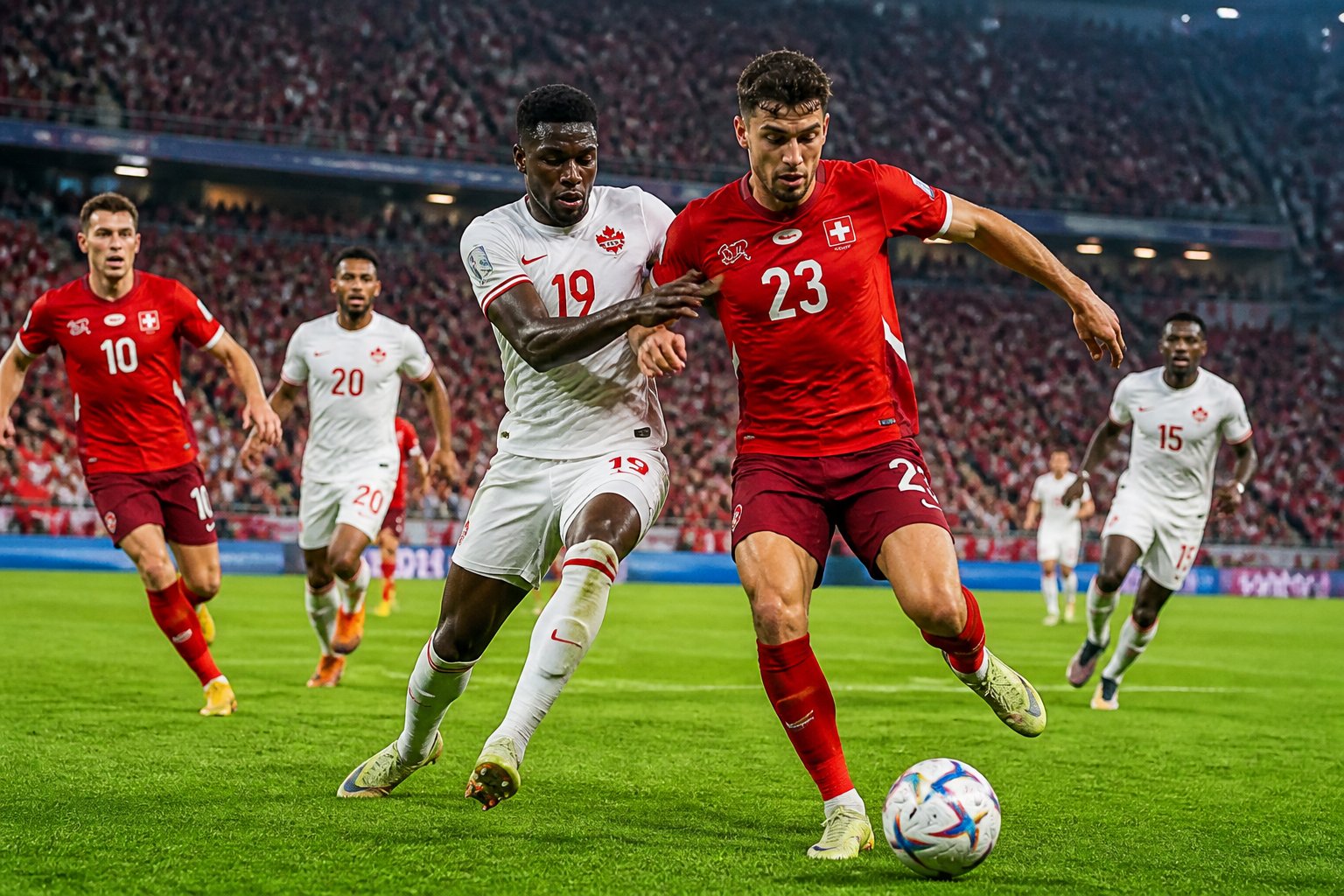 İsviçre ve Kanada takımları arasında bir Dünya Kupası futbol maçı sırasında oyuncular top için mücadele ediyor.