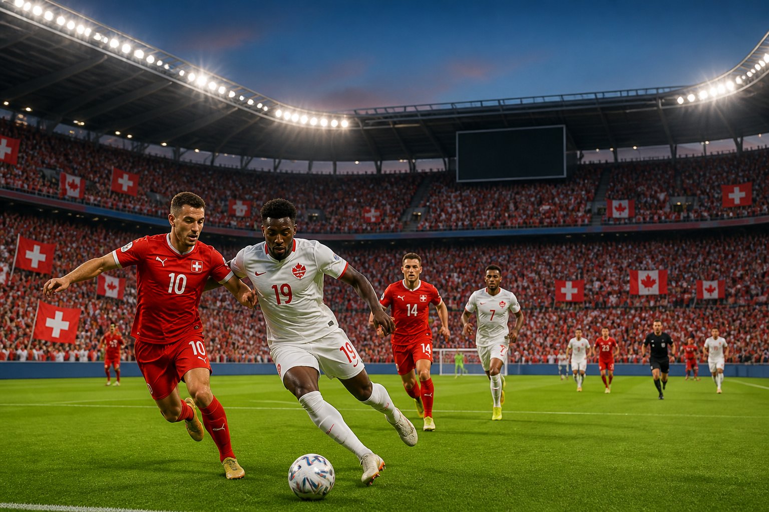 İsviçre ve Kanada milli takımları arasında bir Dünya Kupası futbol maçı, oyuncular sahada mücadele ediyor, tribünler dolu ve taraftarlar bayraklarını sallıyor.
