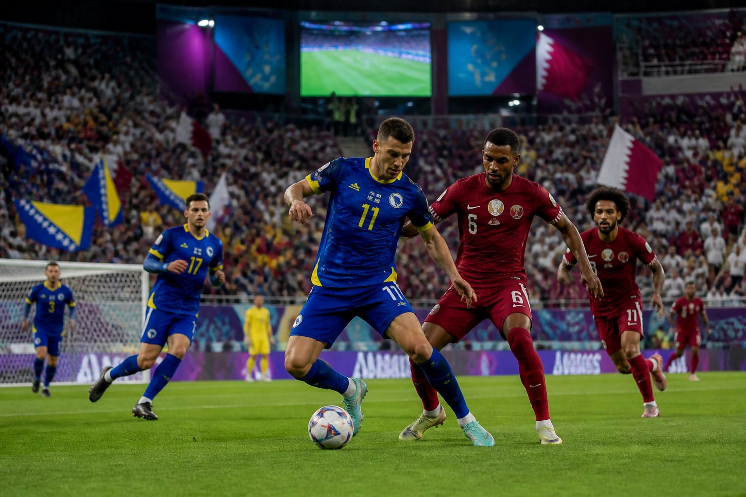 Bosna Hersek ve Katar takımlarının maç yaptığı, dolu bir stadyumda futbolcuların mücadele ettiği bir sahne.