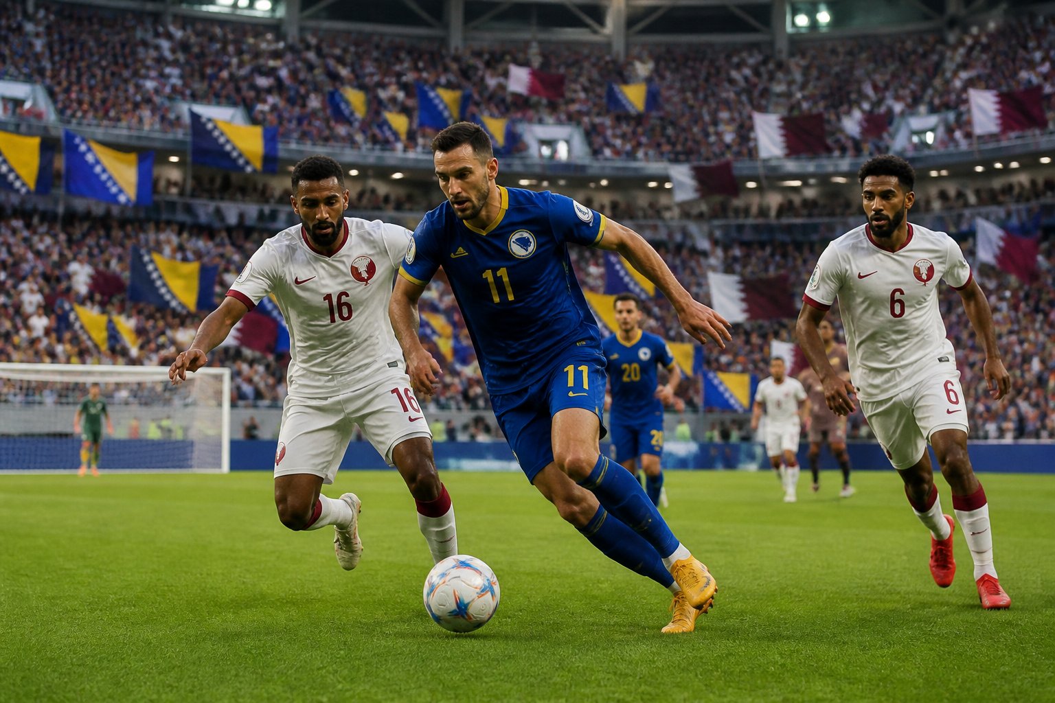Bosna Hersek ve Katar futbol takımları, kalabalık bir stadyumda maç yapıyor.