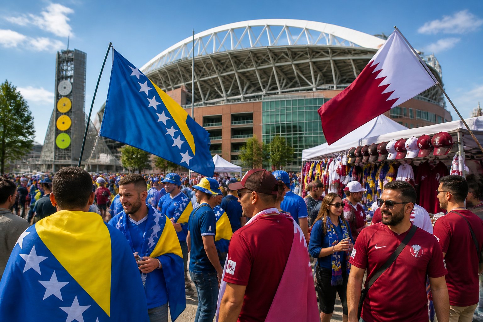 Seattle'deki Lumen Field stadyumu önünde, Bosna Hersek ve Katar futbol takımı taraftarlarının bayraklar ve formalarla toplandığı kalabalık bir sahne.