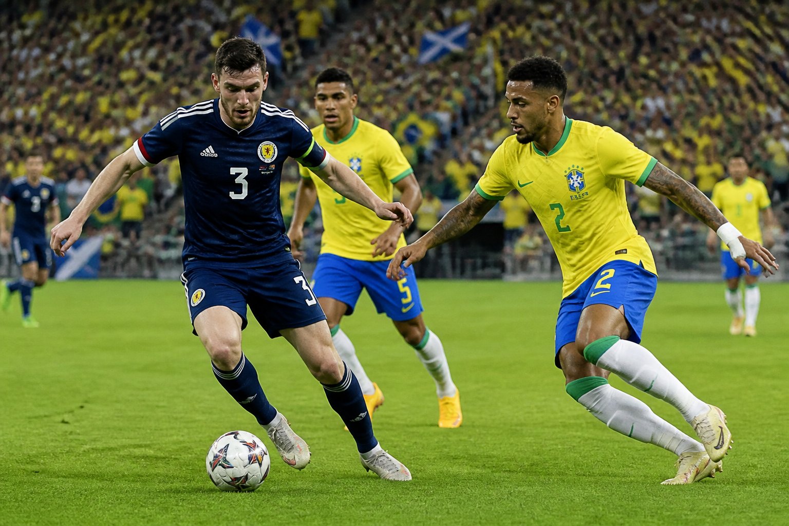 İskoçya ve Brezilya milli takımları arasında FIFA Dünya Kupası maçında oyuncular top için mücadele ediyor.