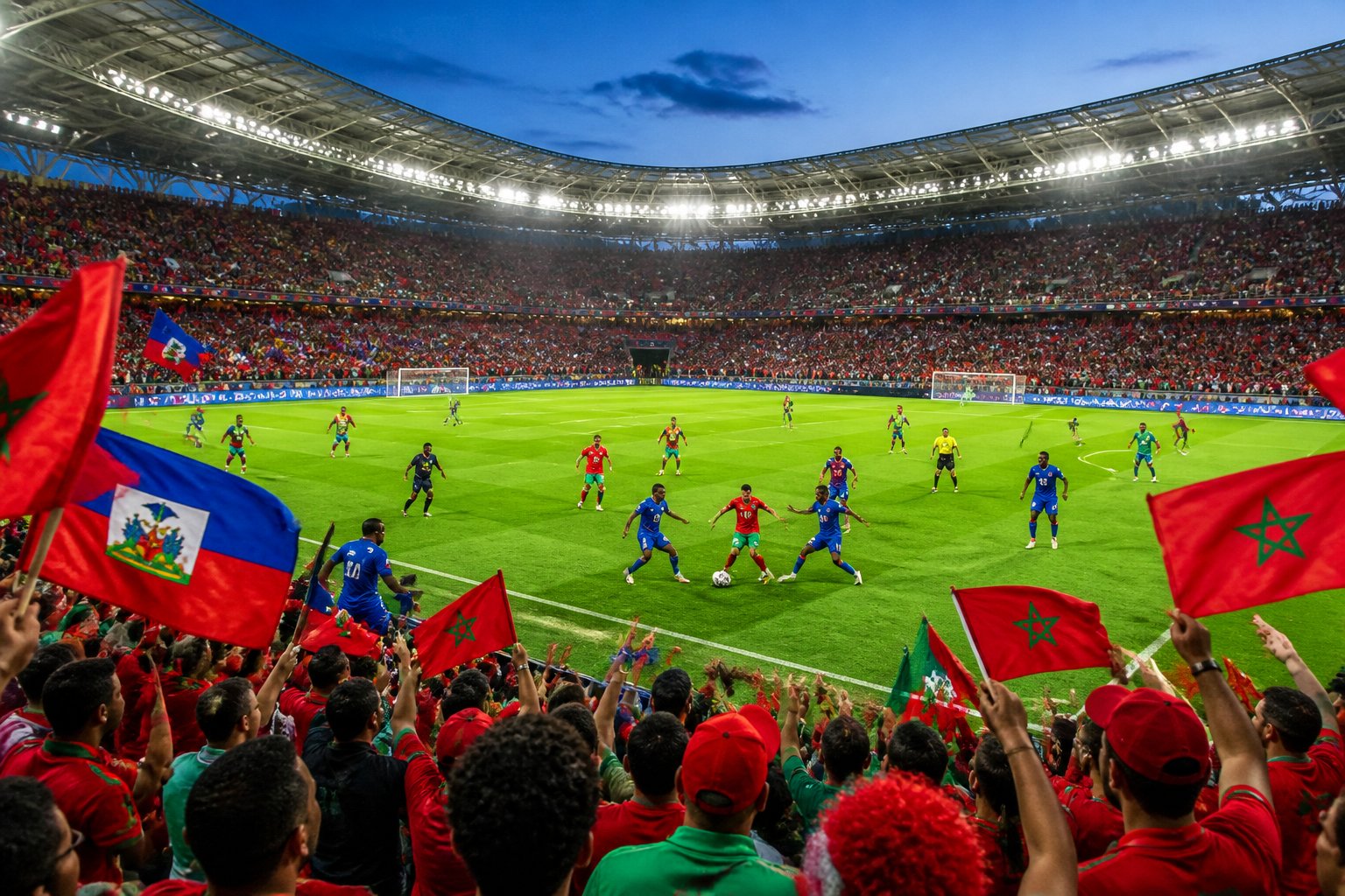 Fas ve Haiti takımları arasında bir Dünya Kupası maçında, dolu bir stadyumda oynanan futbol maçı.
