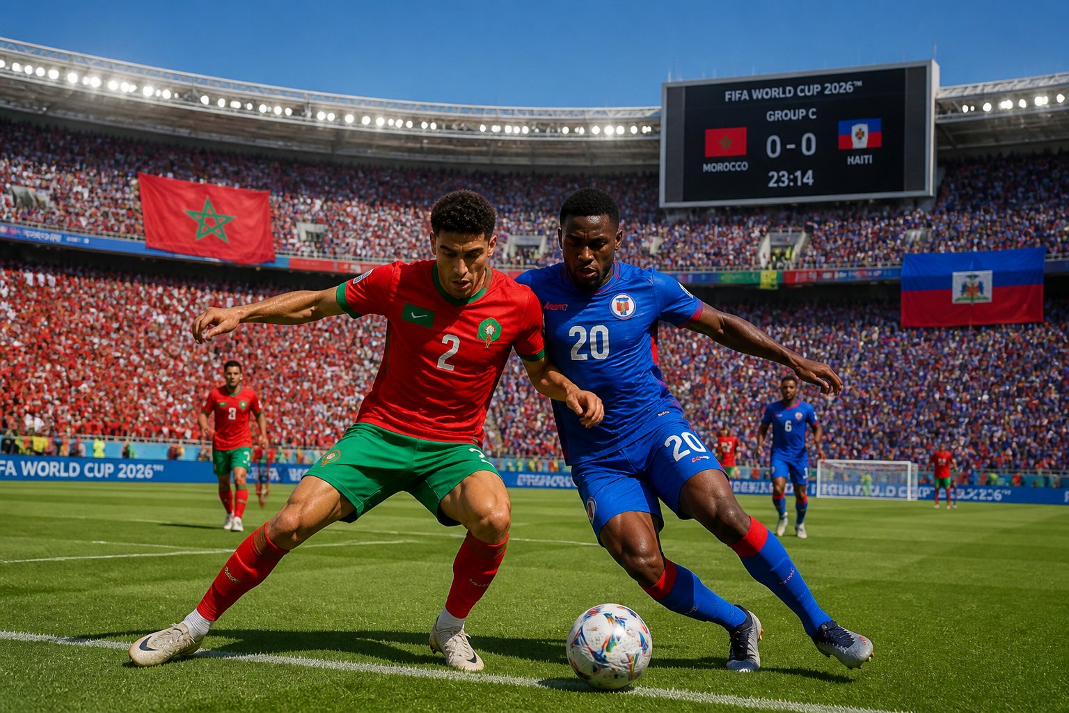 Fas ve Haiti futbol takımları arasında 2026 Dünya Kupası maçında saha içinde mücadele eden iki oyuncu ve tribünde taraftarlar.