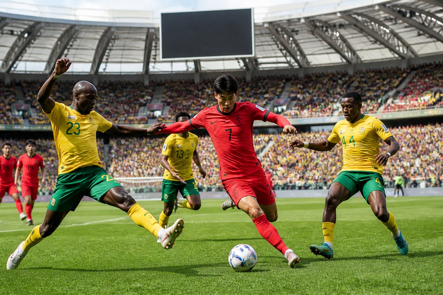 Güney Afrika ve Güney Kore takımlarının Dünya Kupası maçında stadyumda futbol oynadığı bir sahne.
