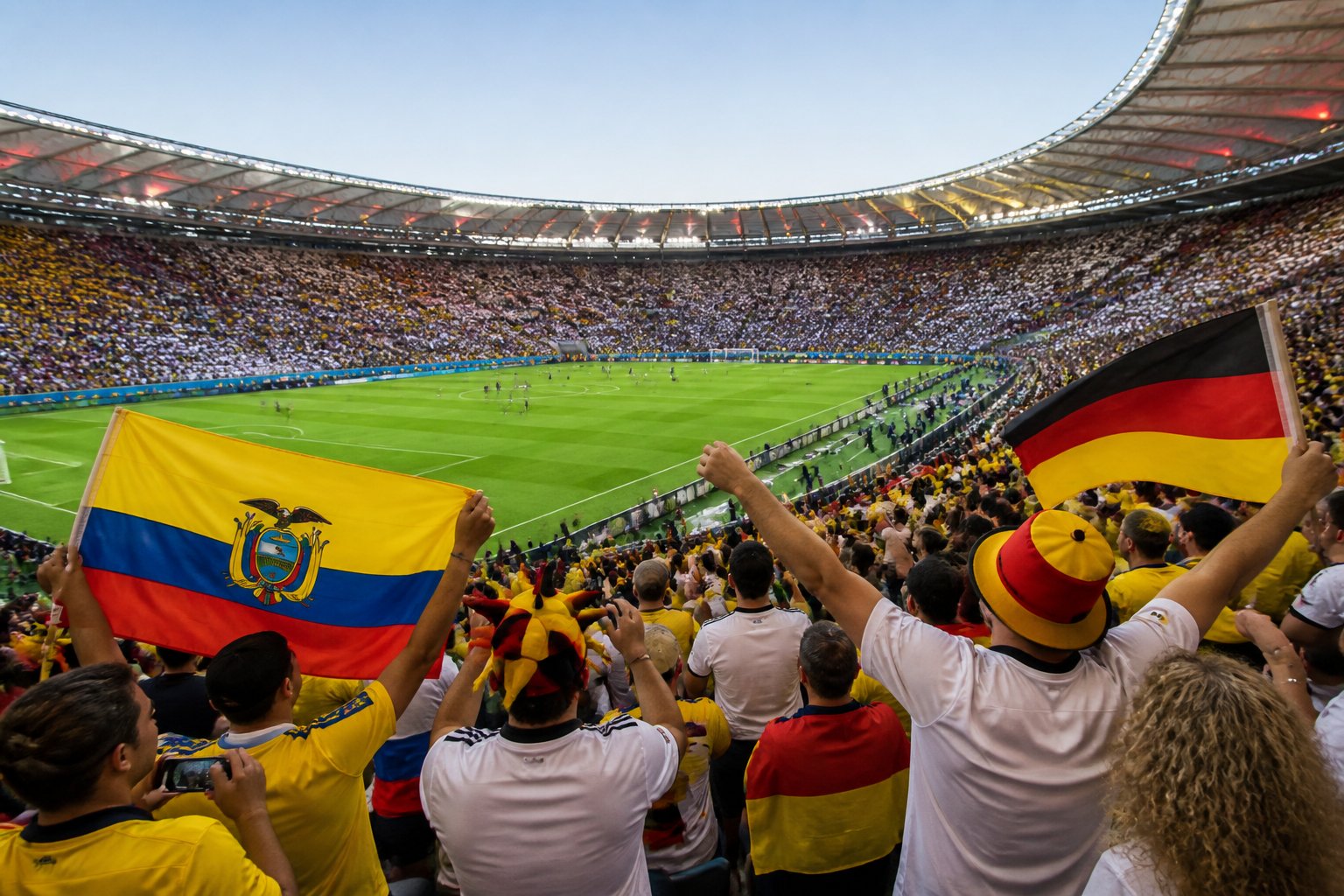 Ekvador ve Almanya Dünya Kupası maçında coşkulu taraftarlar dolu bir stadyum ve yeşil futbol sahası.