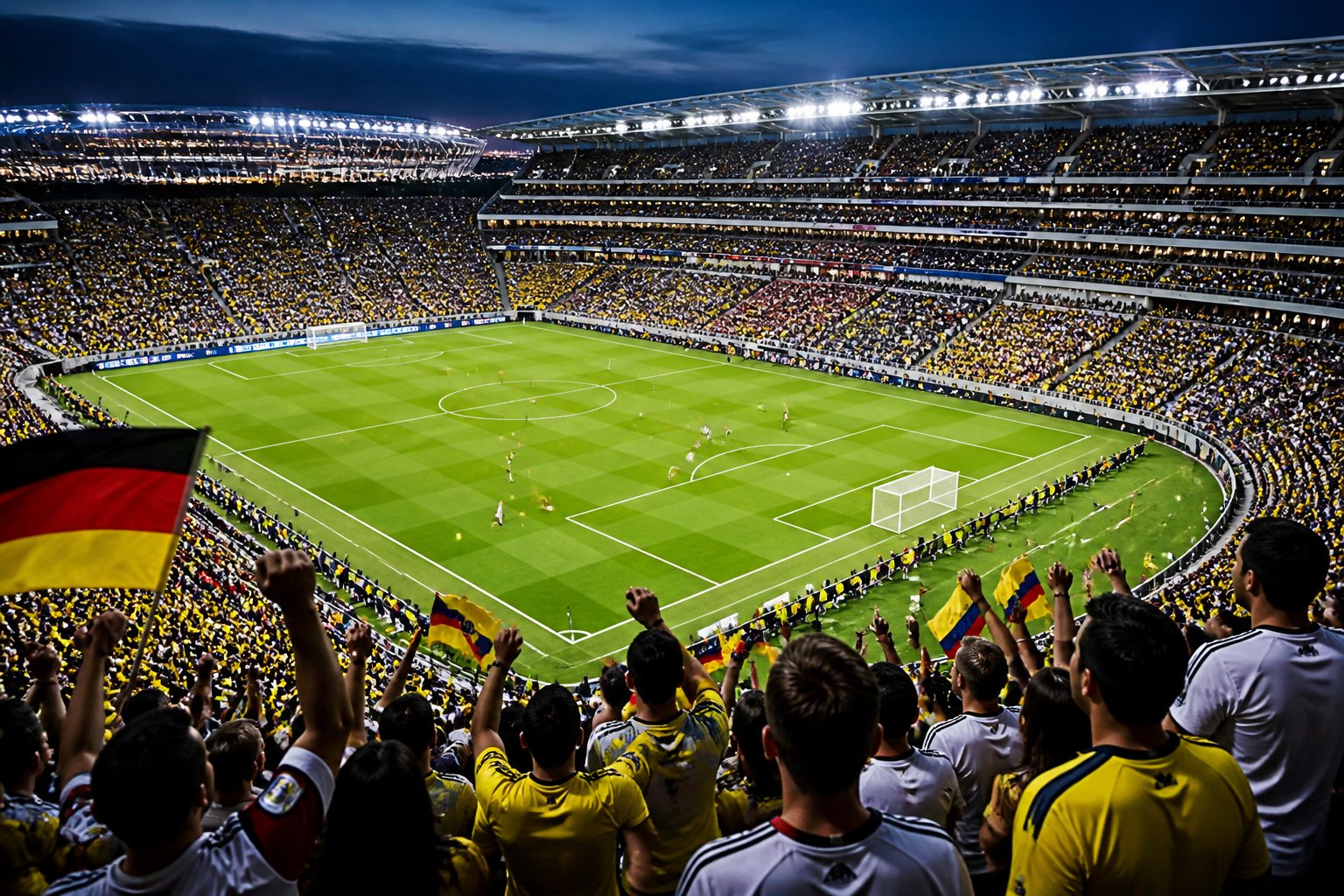Ekvador ve Almanya arasında MetLife Stadyumu'nda gerçekleşen bir Dünya Kupası maçında futbolcular sahada mücadele ediyor, tribünler coşkulu taraftarlarla dolu.