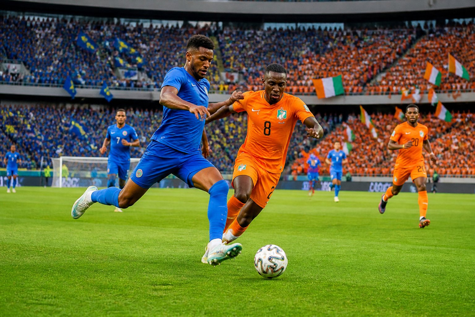 Curaçao ve Fildişi Sahili milli takımları arasında büyük bir stadyumda oynanan heyecanlı futbol maçı.