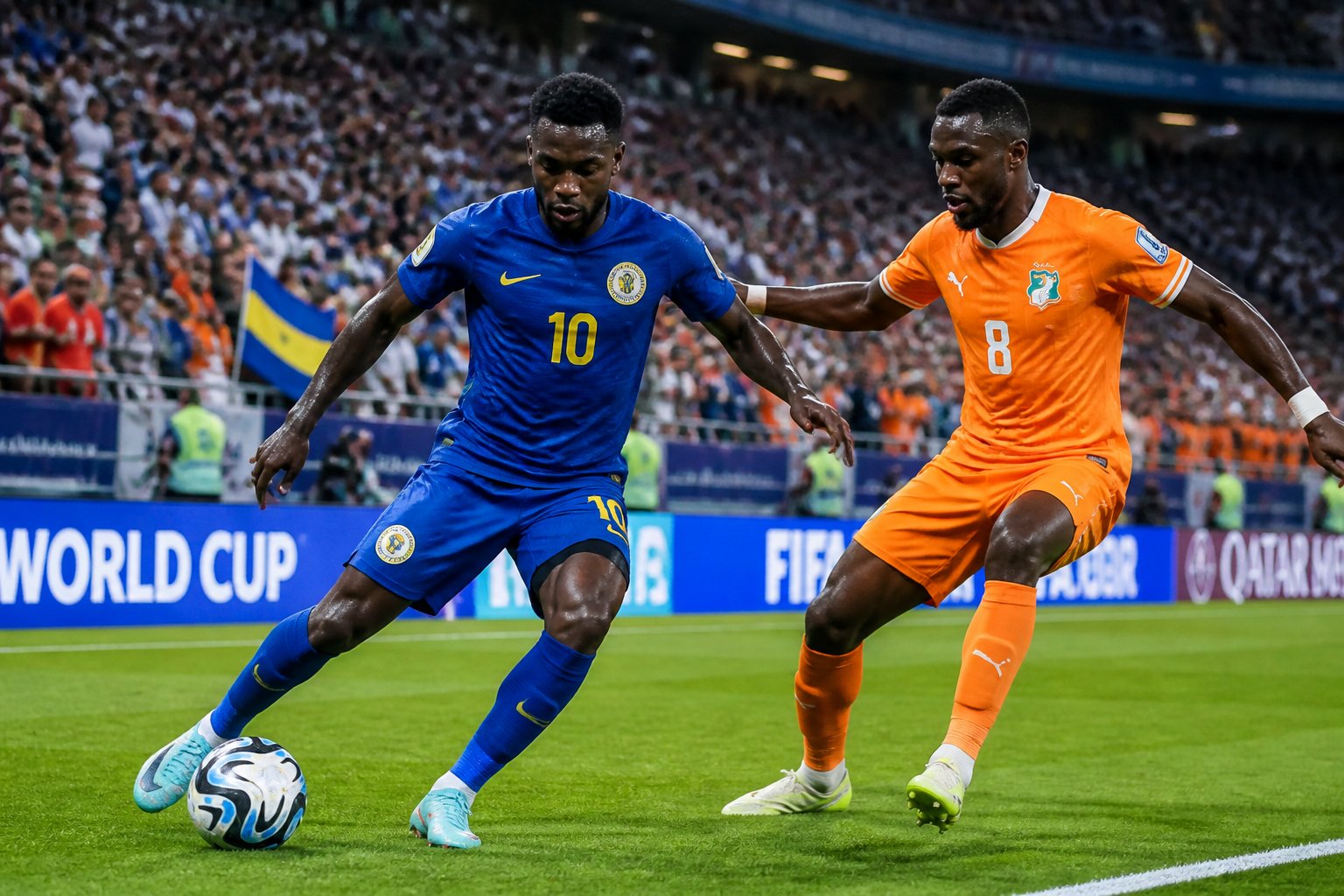 Curaçao ve Fildişi Sahili takımlarının Dünya Kupası maçında sahada mücadele eden iki futbolcu.