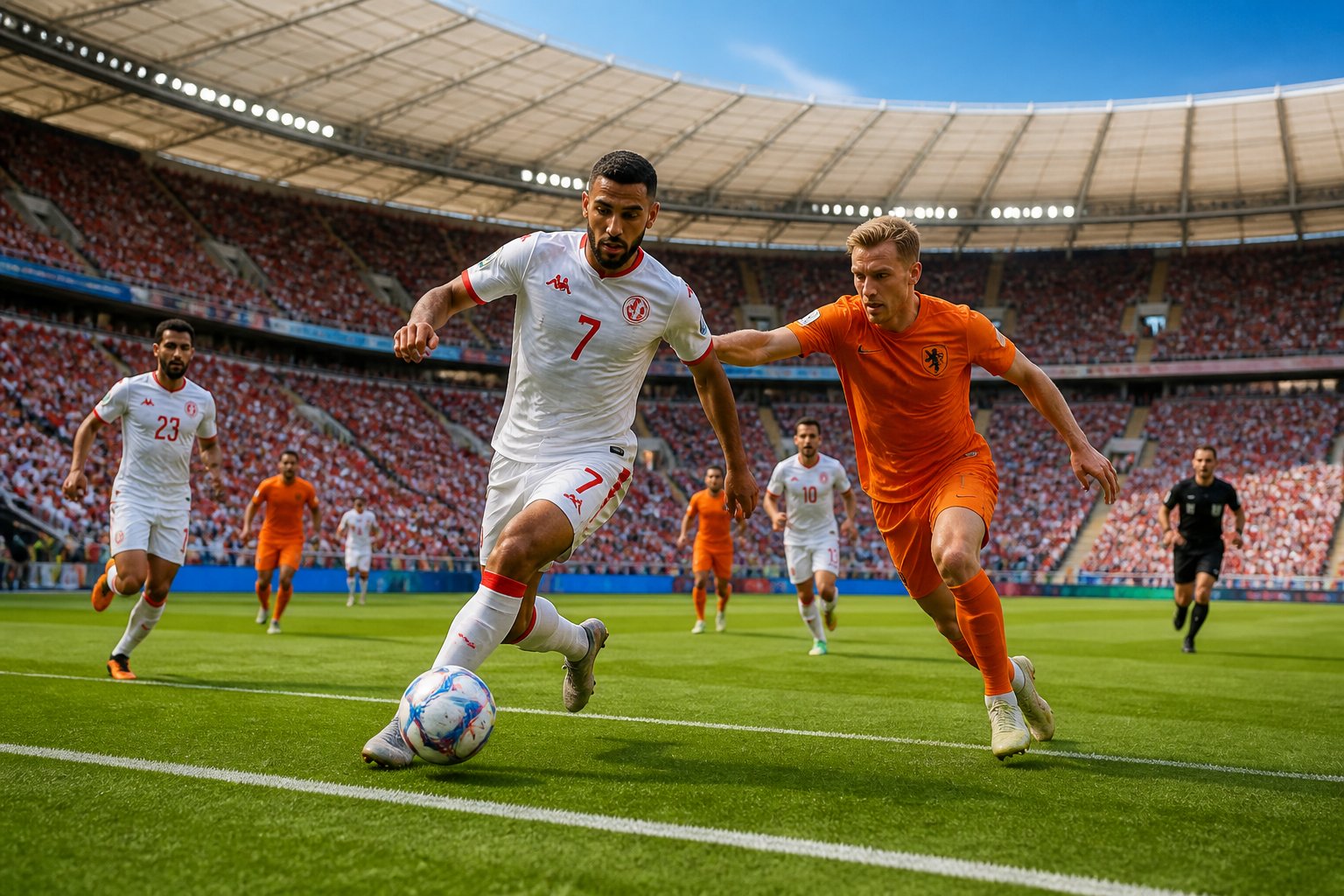 Tunus ve Hollanda takımları arasında geçen Dünya Kupası maçında futbolcular sahada mücadele ediyor.