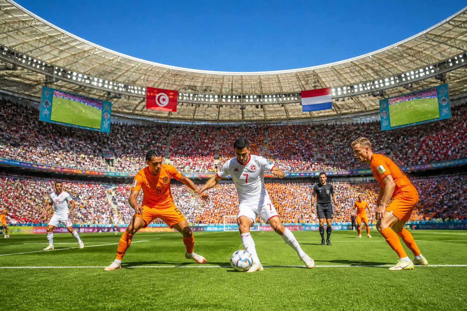 Tunus ve Hollanda takımlarının maç yaptığı kalabalık ve coşkulu bir futbol stadyumu.